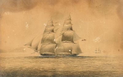 tableau représentant un grand voilier sur l'eau, avec d'autres bateaux en arrière-plan