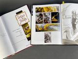 an open book with a picture of a man on a horse
