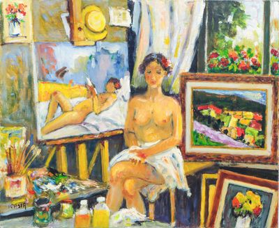painting of a woman sitting on a chair in front of a painting