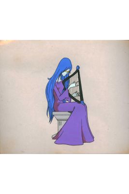 an image of a woman in a purple dress playing a harp
