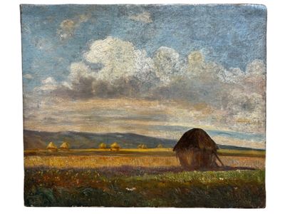 une image représentant un tableau représentant un champ avec des meules de foin