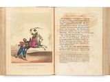 an open book with a drawing of a man on a horse
