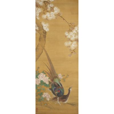 an oriental painting of a bird sitting on a branch of a tree
