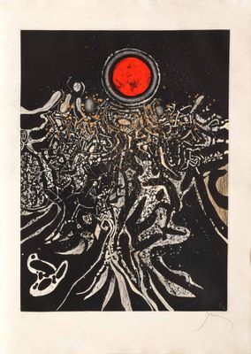 une image représentant un dessin en noir et blanc avec un soleil rouge en arrière-plan