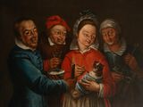 a painting of a group of people holding a cat