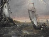 a painting of a windmill and a sailboat in the water