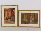 deux tableaux encadrés représentant un salon avec des chaises et une table