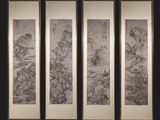 trois peintures chinoises encadrées représentant un paysage de montagne et une rivière