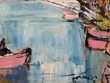 une peinture représentant quelques bateaux sur l'eau