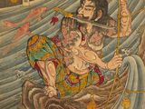 an image of a painting of a man with a sword in the water