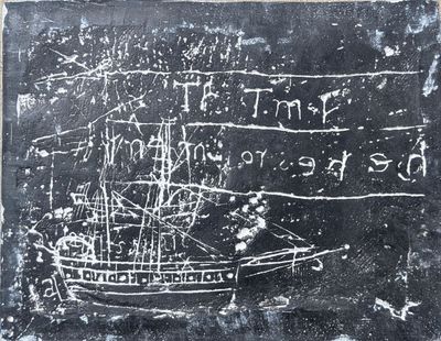 a chalkboard with a drawing of a boat on it