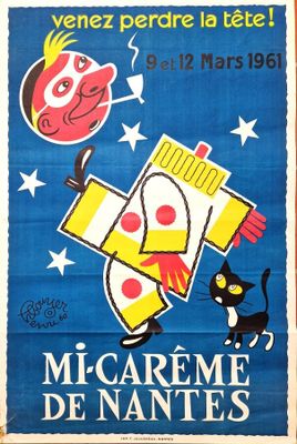 poster advertising a circus show in paris with clowns and a cat