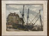 a picture of a painting of a boat in the water