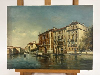 peinture représentant un tableau représentant une scène de canal avec des bâtiments et un bateau