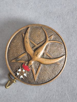 un petit objet en métal sur lequel figurent une étoile et un oiseau