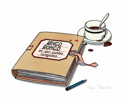 dessin représentant un livre et une tasse de café posés sur une table