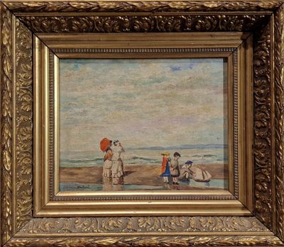 une image représentant un tableau montrant des personnes sur la plage avec un parasol