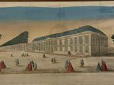 an old picture of a building with people standing in front of it
