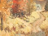 une peinture à l'huile représentant une route de campagne avec une maison au loin