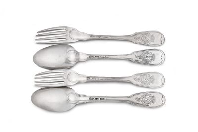 four silver spoons and a fork are lined up on a white surface