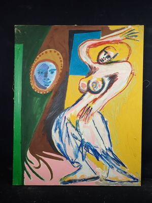 une image représentant un tableau où l'on voit une femme debout devant un miroir
