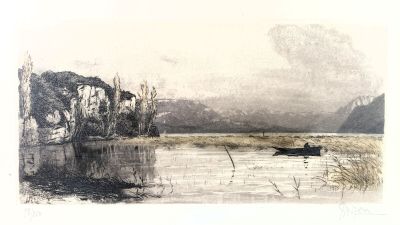 a drawing of a man in a boat on the water