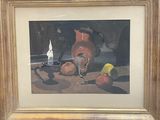 une photo d'une peinture représentant une nature morte avec un verre à vin et des fruits