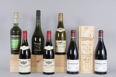 Plusieurs bouteilles de vin sont alignées les unes à côté des autres près d'une caisse en bois