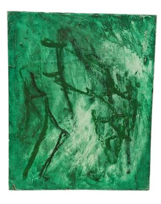 une peinture verte représentant un homme à cheval sur fond blanc