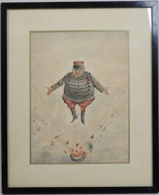 painting of a man in a top hat flying through the air above a pig