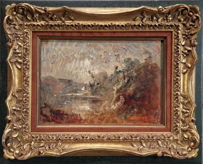 l'image d'un tableau représentant un paysage avec une rivière au premier plan
