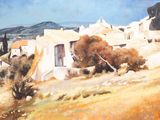 a painting of a village on a hill with trees in the foreground
