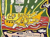 an image of a painting of a boat with a lot of writing on it