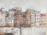 a painting of a boat in the water with buildings in the background