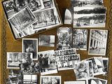 plusieurs photos en noir et blanc représentant des personnes et des bâtiments, affichées sur un tableau d'affichage