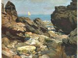 painting of a sailboat on a rocky beach near the ocean