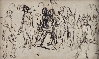 dessin représentant un groupe de personnes debout devant une foule