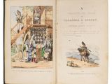 an open book with a picture of a man on a horse and a woman on a horse