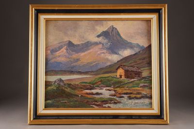 an oil painting of a mountain scene with a cabin in the foreground
