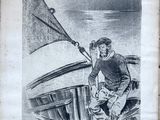 an old drawing of a man on a boat with a cat