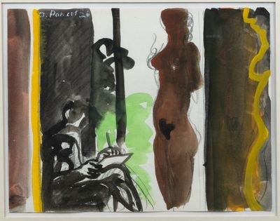 un dessin représentant une femme assise sur un banc devant une fenêtre