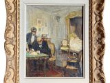 une image représentant un tableau où l'on voit un homme assis à une table dans un salon