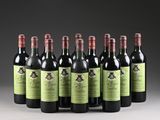 six bottles of red wine are lined up in a row
