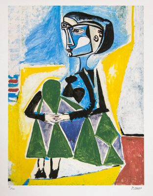 a painting of a woman sitting on a chair with a green dress