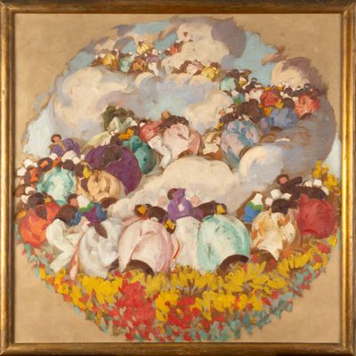 une image représentant un tableau où l'on voit un groupe de personnes dans un champ de fleurs