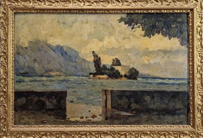 une image représentant un tableau d'un lac avec une montagne en arrière-plan