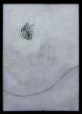 abstract painting of a swirl in the middle of a white surface