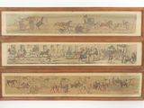 trois tableaux représentant des chevaux et des calèches avec des personnes à bord