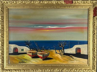 a painting of two boats on the beach by the water