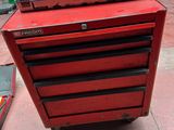 a red tool box sitting on top of a red cart